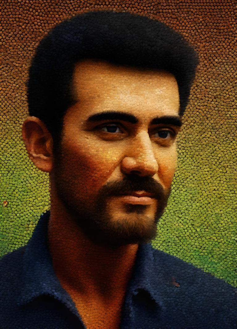 Pointillism,Pointillism, People, man, 1boy, male focus, solo, facial hair, realistic, black hair, shirt