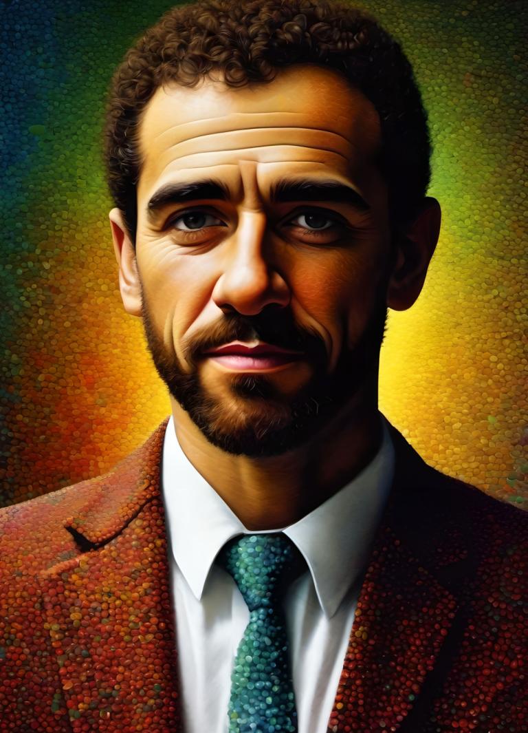 Pointillism,Pointillism, People, man, 1boy, solo, male focus, necktie, facial hair, realistic, formal, suit