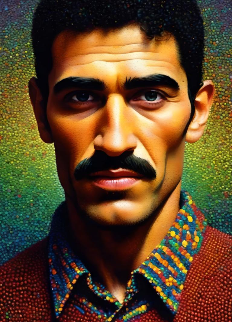 Pointillism,Pointillism, People, man, 1boy, male focus, solo, facial hair, mustache, black hair, realistic