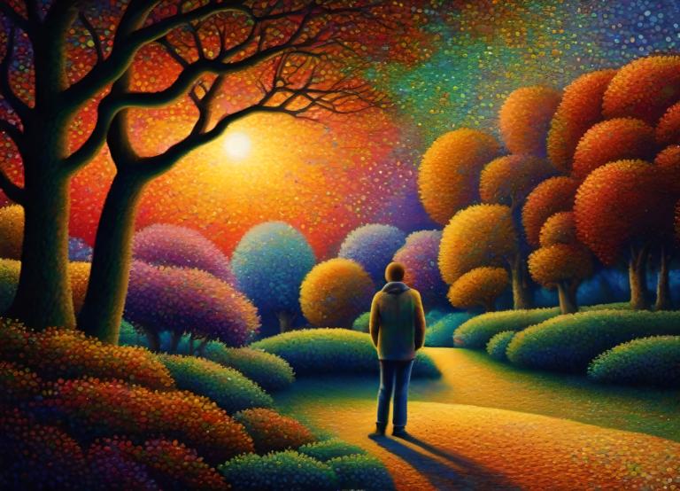 Pointillisme,Pointillisme, Personnes, homme, arbre, 1garçon, solo, foyer masculin, en plein air, paysage