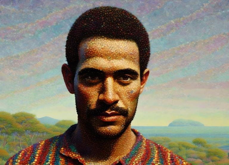 Pointillism,Pointillism, People, man, 1boy, male focus, solo, facial hair, realistic, outdoors, black hair