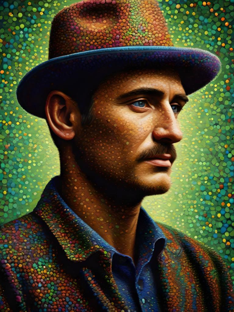 Pointillism,Pointillism, People, man, 1boy, male focus, solo, hat, realistic, facial hair, blue eyes, shirt