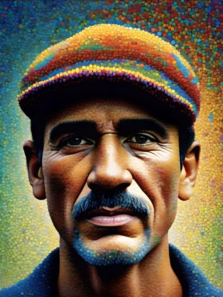 Pointillism,Pointillism, People, man, 1boy, solo, male focus, facial hair, realistic, portrait, mustache, hat