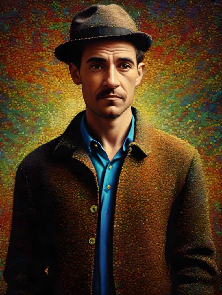 Pointillism,Pointillism, People, man, male focus, solo, 1boy, hat, blue shirt, realistic, facial hair, jacket