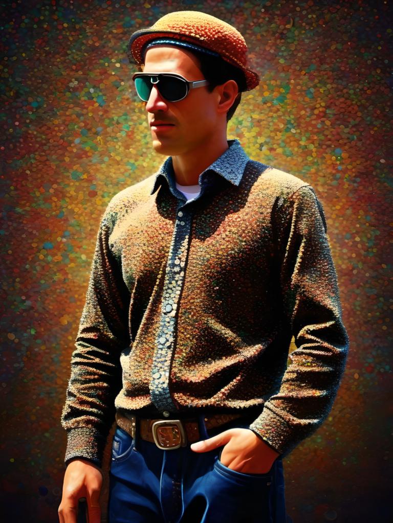 Pointillism,Pointillism, People, man, 1boy, solo, male focus, hat, sunglasses, belt, shirt, pants, realistic