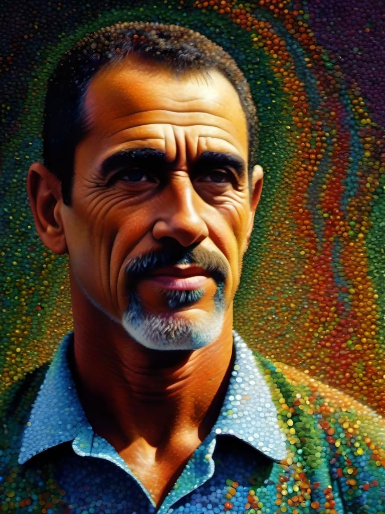 Pointillism,Pointillism, People, man, male focus, 1boy, realistic, solo, facial hair, mustache, shirt