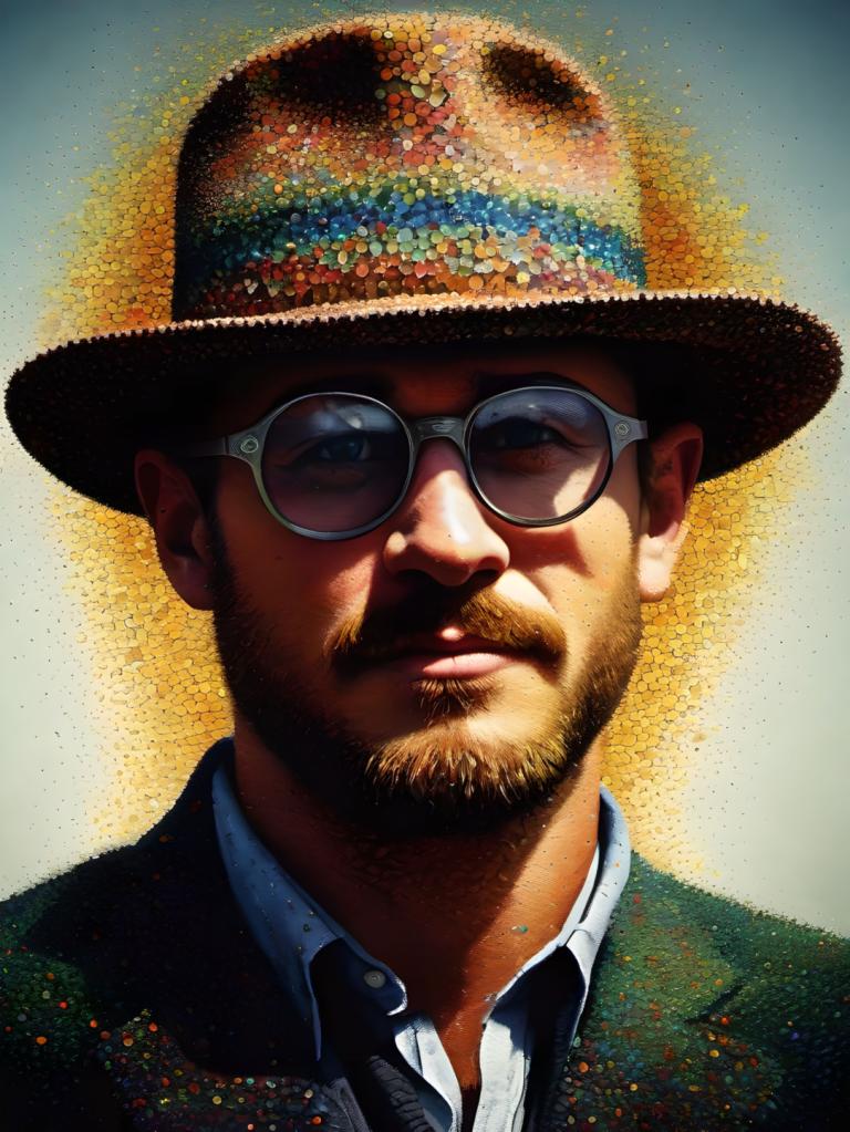 Pointillism,Pointillism, People, man, male focus, 1boy, solo, hat, facial hair, realistic, glasses, necktie