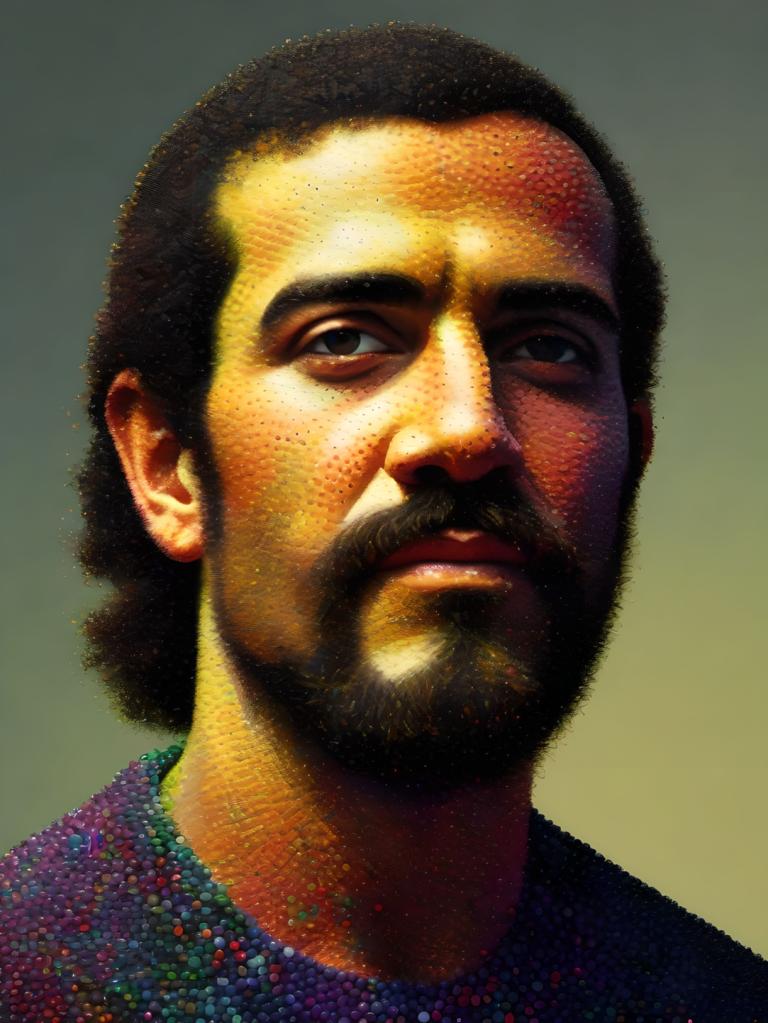 Pointillism,Pointillism, People, man, solo, 1boy, male focus, facial hair, realistic, portrait, black hair