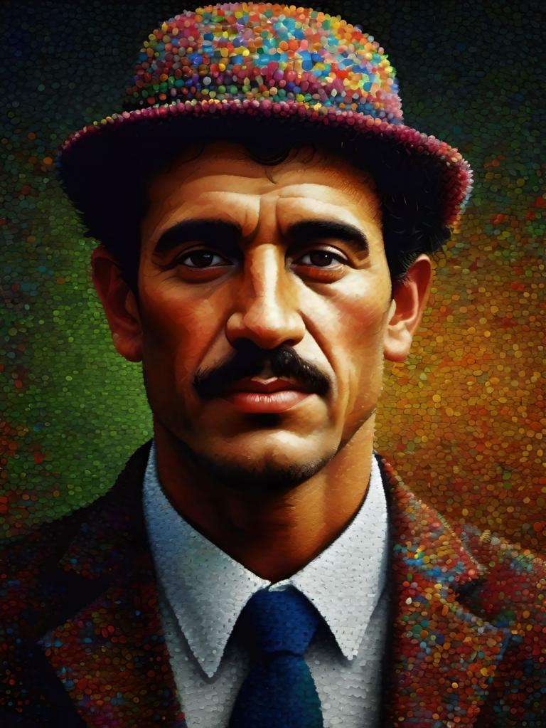 Pointillism,Pointillism, People, man, 1boy, male focus, solo, hat, necktie, realistic, facial hair, shirt