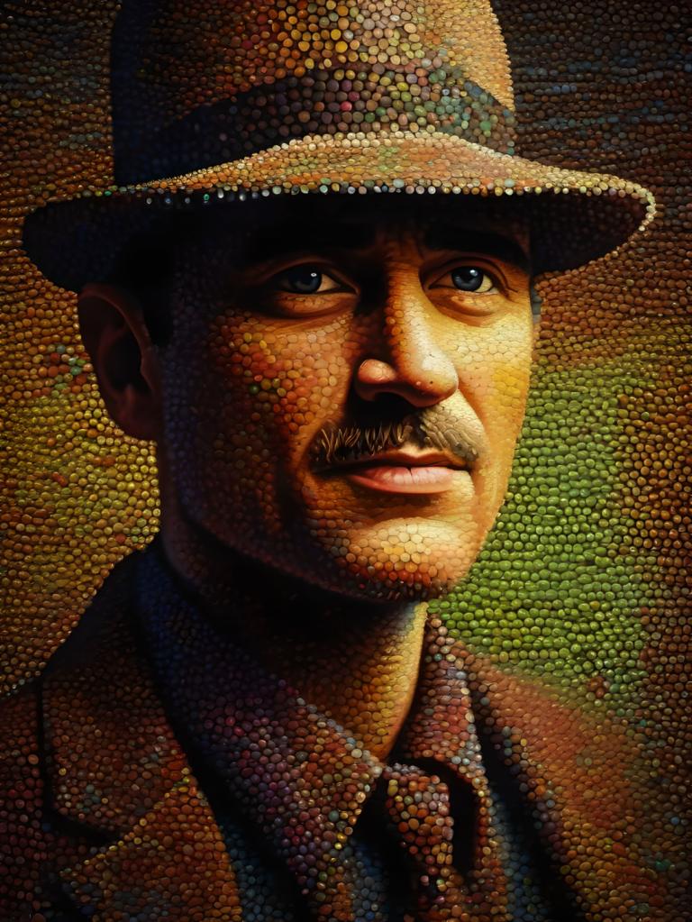 Pointillism,Pointillism, People, man, 1boy, solo, male focus, hat, facial hair, realistic, necktie, blue eyes