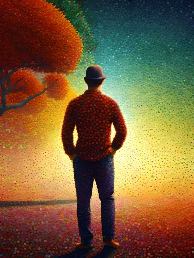 Pointillism,Pointillism, People, man, 1boy, solo, male focus, hat, tree, from behind, pants, denim, jeans