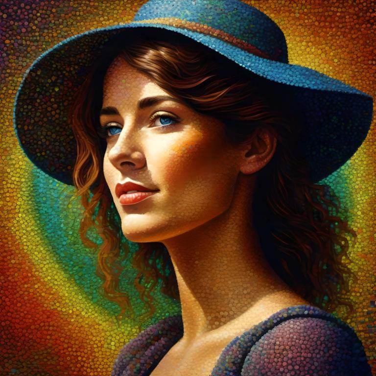 Pointillism,Pointillism, People, woman, 1girl, solo, hat, blue eyes, brown hair, lips, realistic, portrait