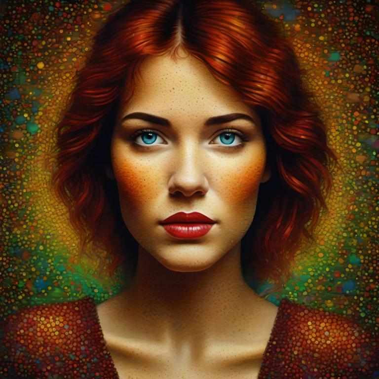 Pointillism,Pointillism, People, woman, 1girl, solo, red hair, blue eyes, freckles, single horn, red lips