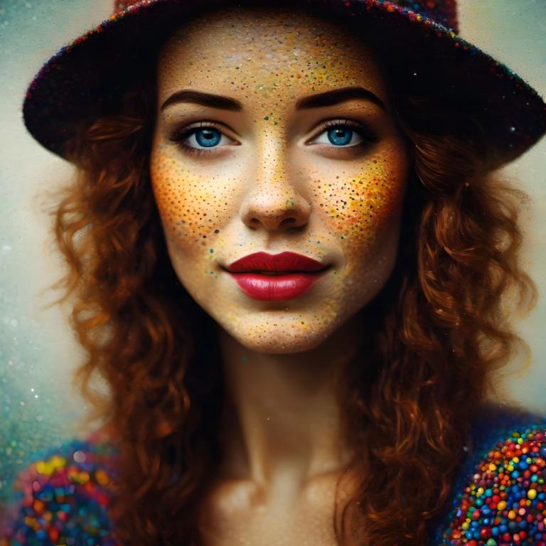 Pointillism,Pointillism, People, woman, 1girl, solo, hat, blue eyes, brown hair, freckles, long hair