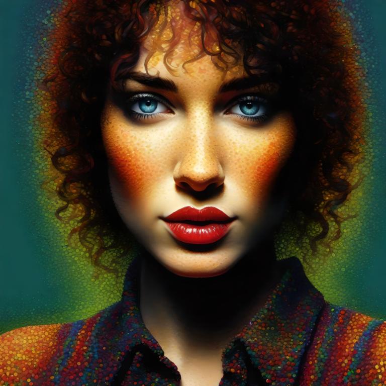 Pointillism,Pointillism, People, woman, solo, 1girl, red lips, blue eyes, portrait, curly hair