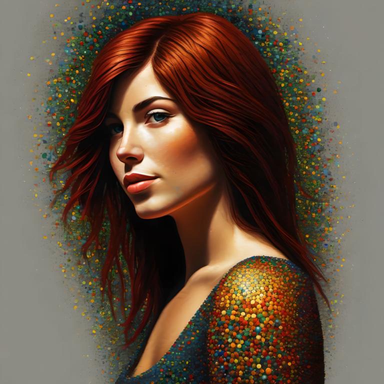 Pointillism,Pointillism, People, woman, 1girl, solo, red hair, blue eyes, long hair, realistic, lips