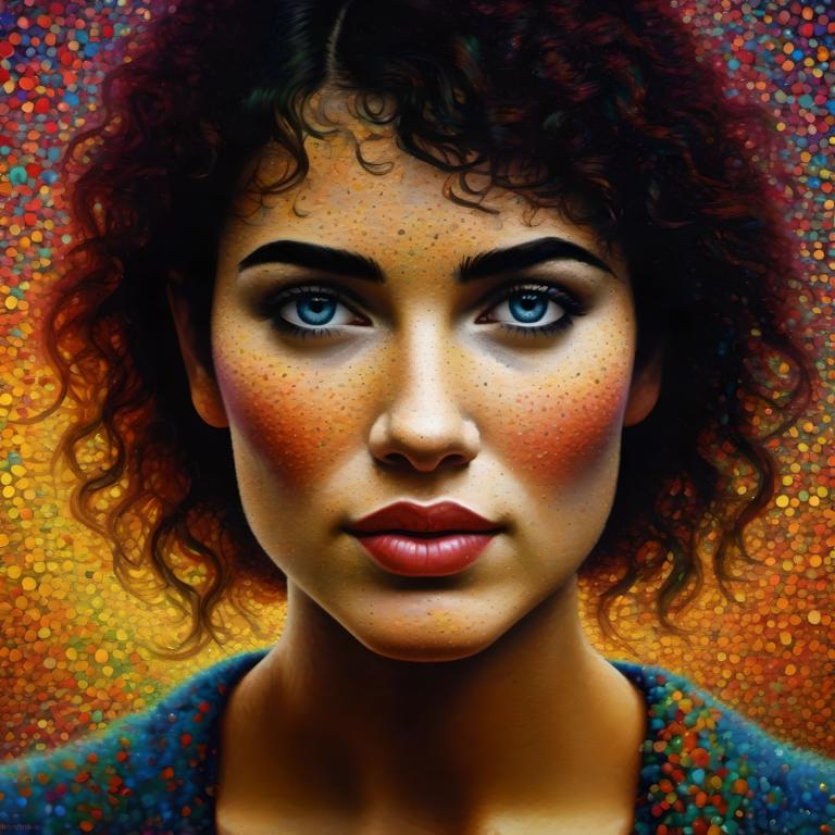 Pointillism,Pointillism, People, woman, 1girl, solo, blue eyes, portrait, realistic, freckles, lips