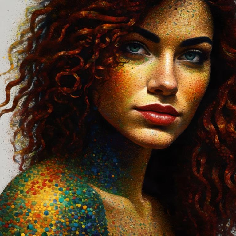 Pointillism,Pointillism, People, woman, 1girl, solo, red hair, lips, long hair, portrait, curly hair