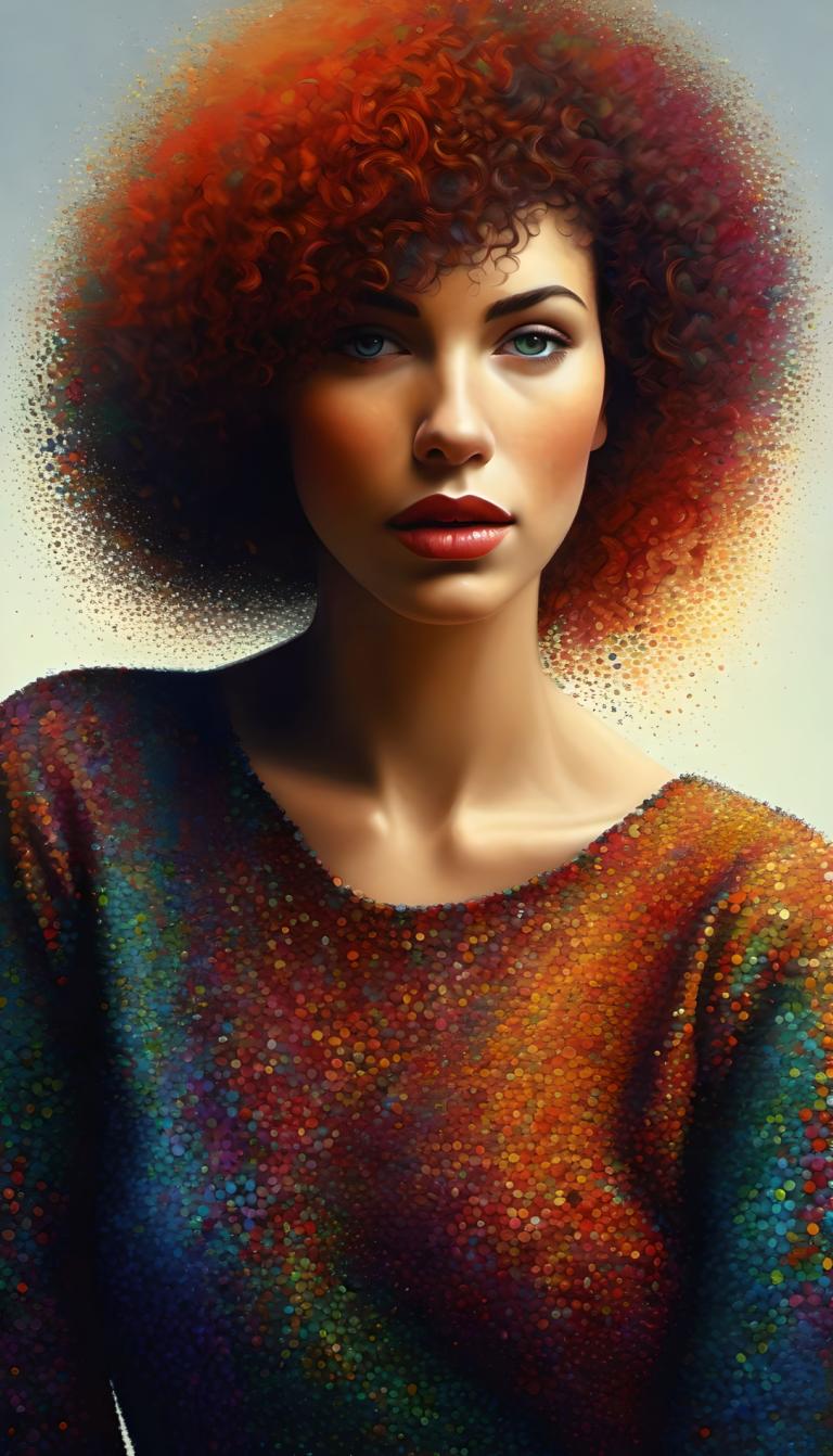 Pointillism,Pointillism, People, woman, 1girl, solo, red hair, realistic, curly hair, afro, upper body