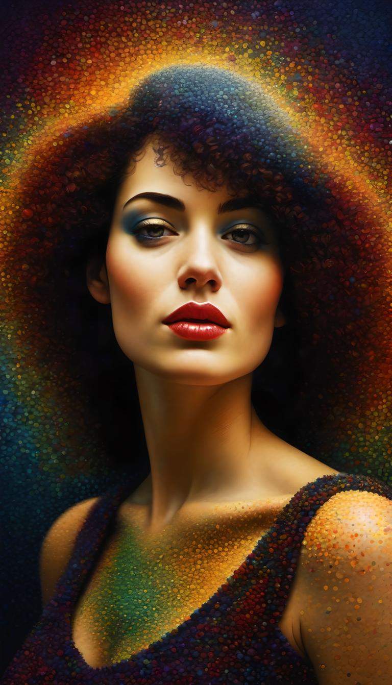 Pointillism,Pointillism, People, woman, 1girl, solo, makeup, realistic, multicolored hair, lipstick, lips