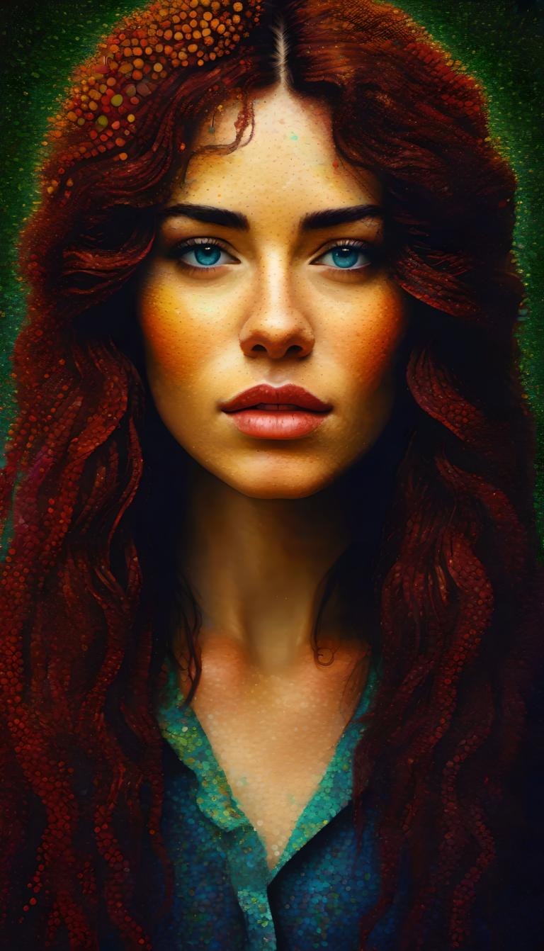 Pointillism,Pointillism, People, woman, 1girl, solo, red hair, blue eyes, long hair, lips, realistic, horns