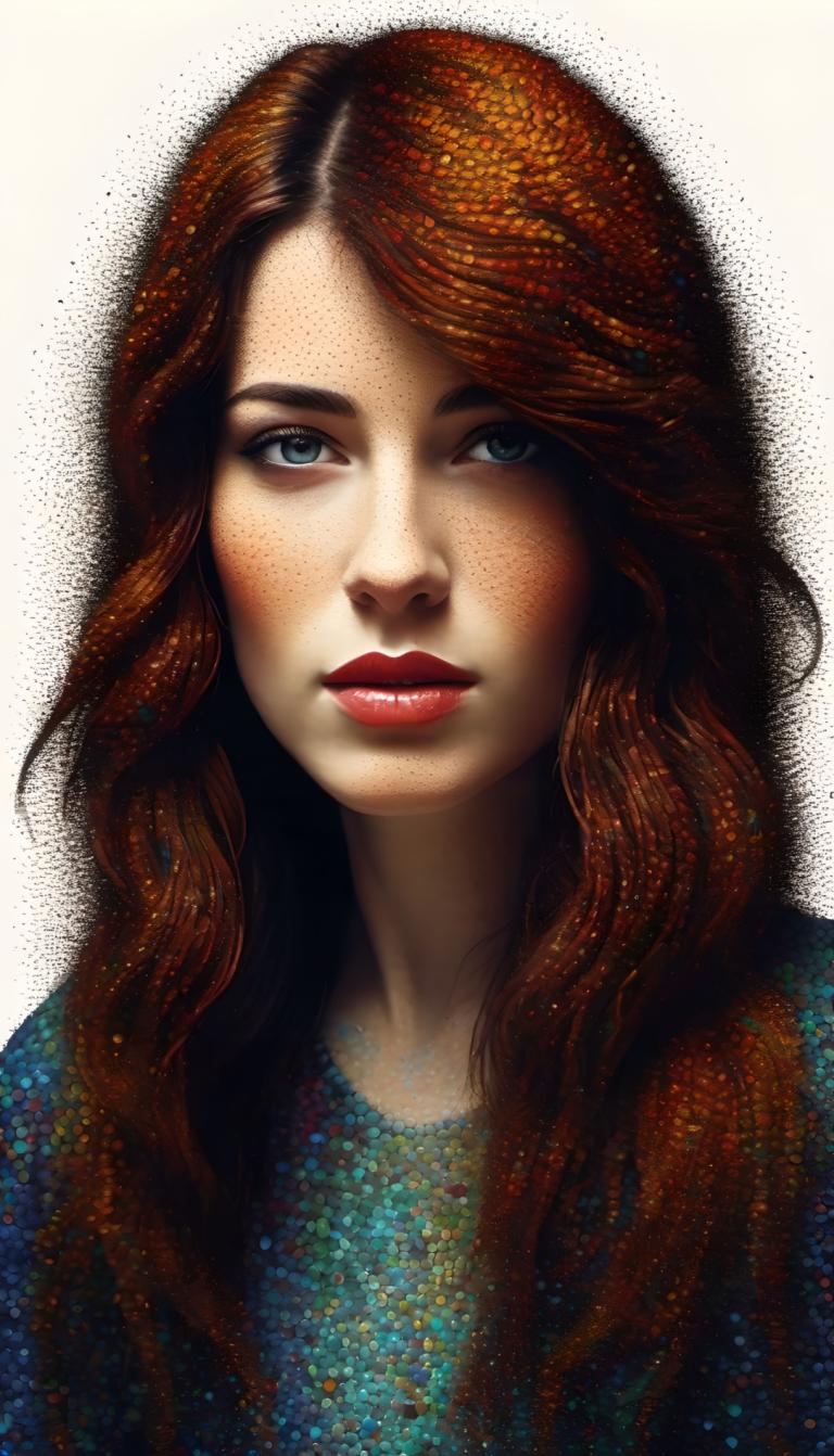 Pointillism,Pointillism, People, woman, 1girl, solo, long hair, blue eyes, brown hair, freckles, red hair