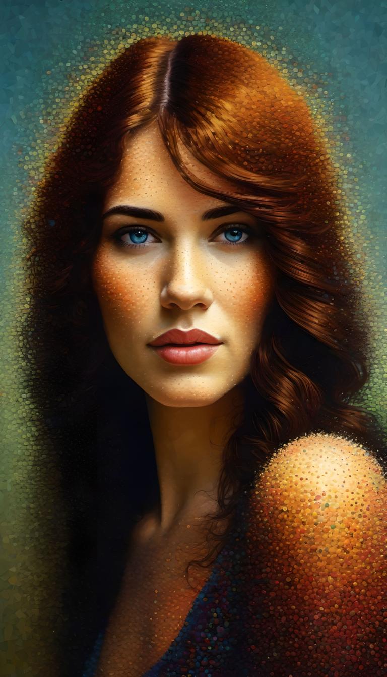 Pointillism,Pointillism, People, woman, 1girl, solo, blue eyes, brown hair, realistic, lips, long hair