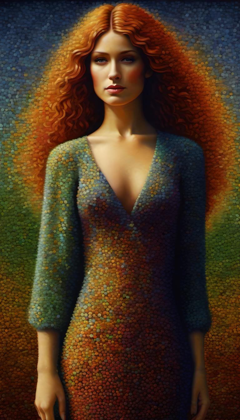 Pointillism,Pointillism, People, woman, 1girl, solo, dress, breasts, realistic, cleavage, long hair