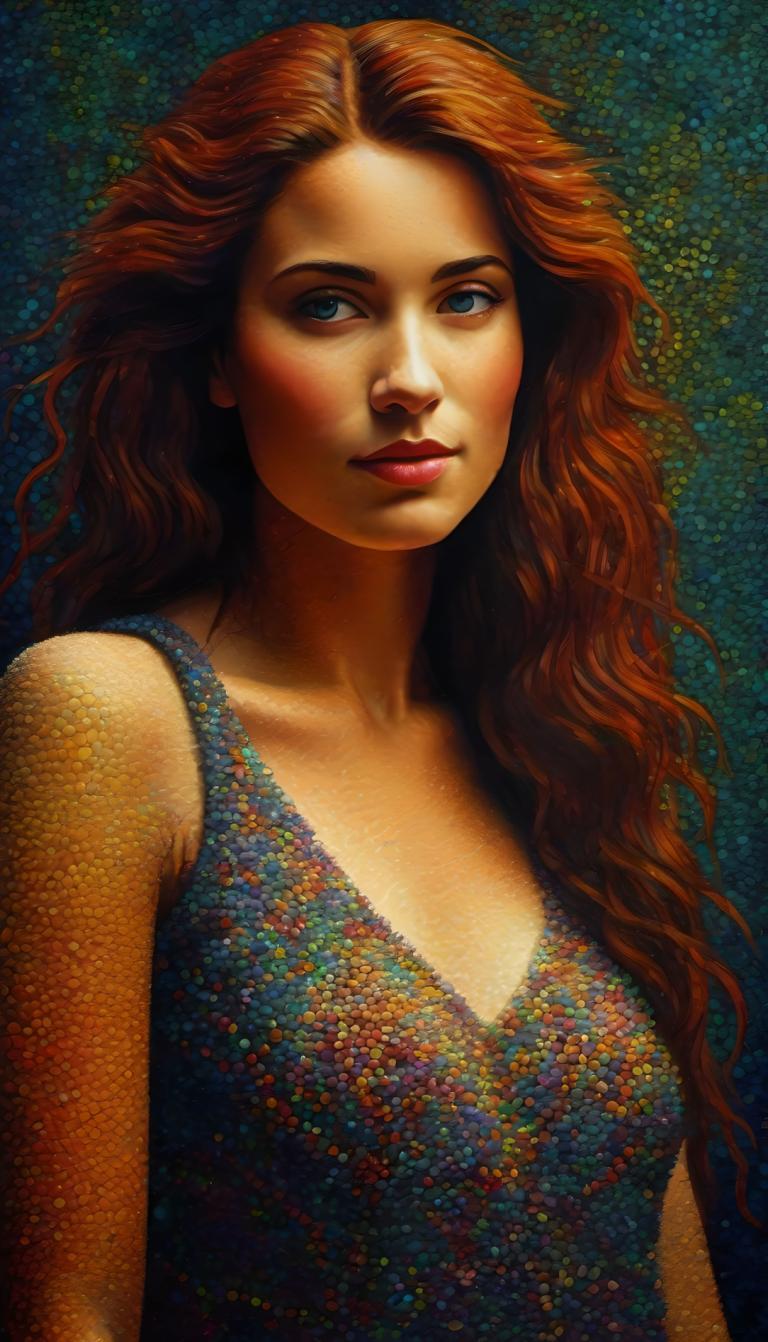 Pointillism,Pointillism, People, woman, 1girl, solo, realistic, long hair, blue eyes, dress, lips, red hair