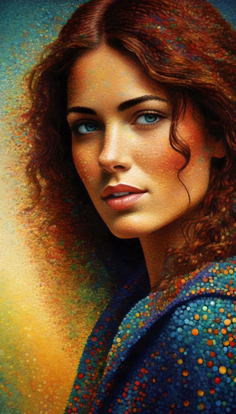 Pointillismus,Pointillismus, Menschen, Frau, 1Mädchen, Solo, braune Haare, blaue Augen, Lippen, realistisch