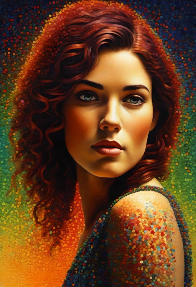 Pointillism,Pointillism, People, woman, 1girl, solo, red hair, realistic, lips, long hair, brown hair