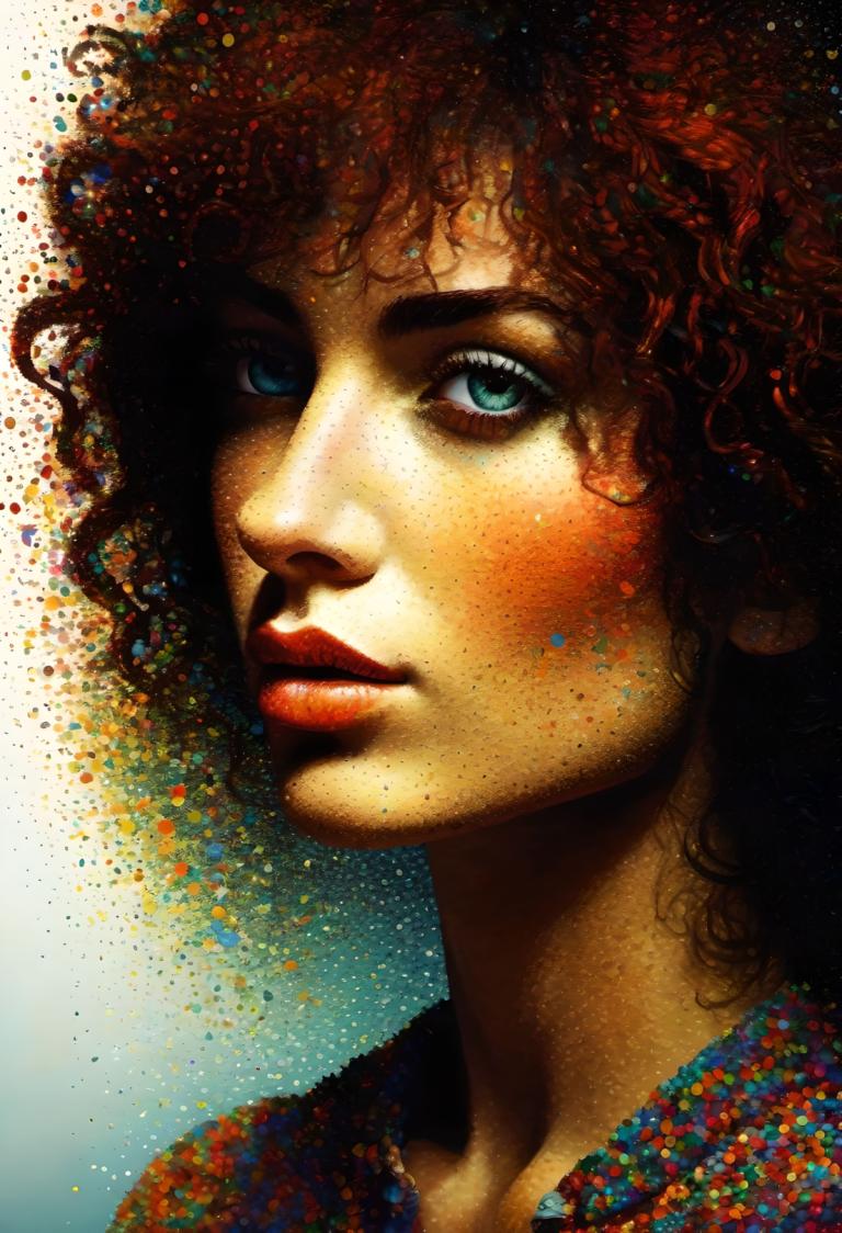 Pointillism,Pointillism, People, woman, solo, red hair, curly hair, 1girl, blue eyes, realistic, lips