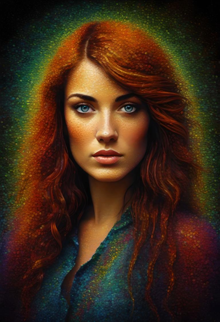 Pointillism,Pointillism, People, woman, 1girl, solo, long hair, blue eyes, red hair, freckles, realistic