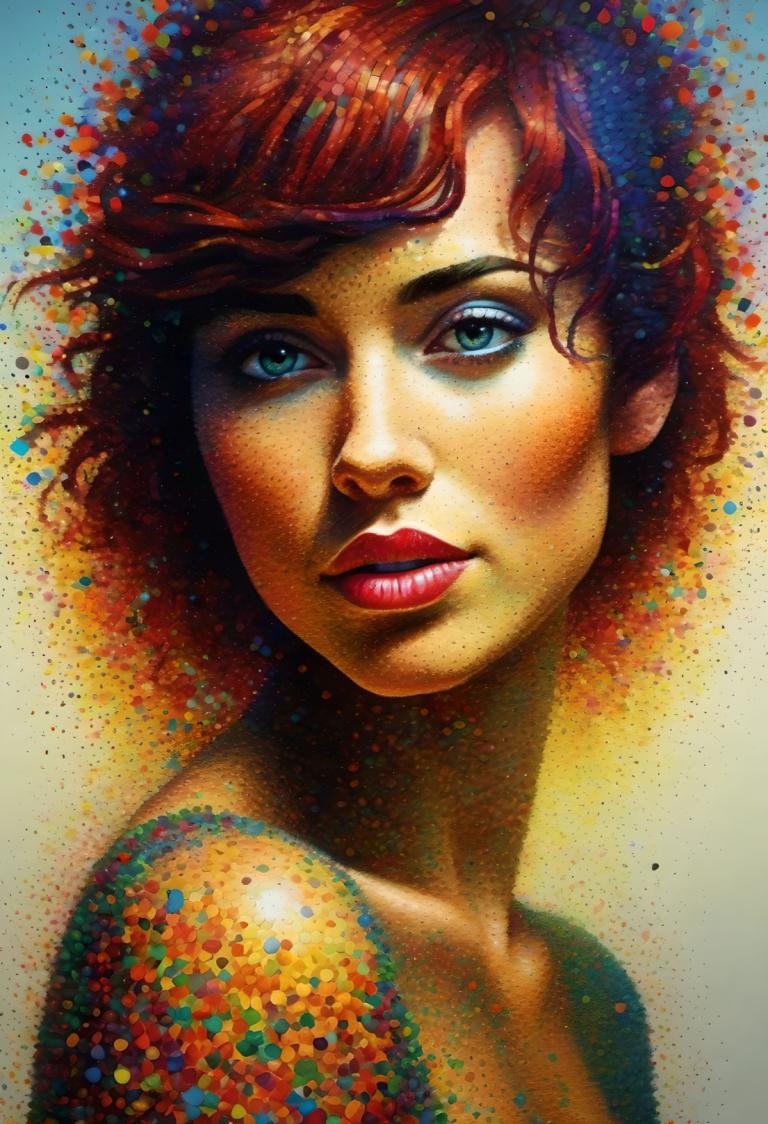 Pointillism,Pointillism, People, woman, 1girl, solo, red hair, makeup, looking at viewer, short hair