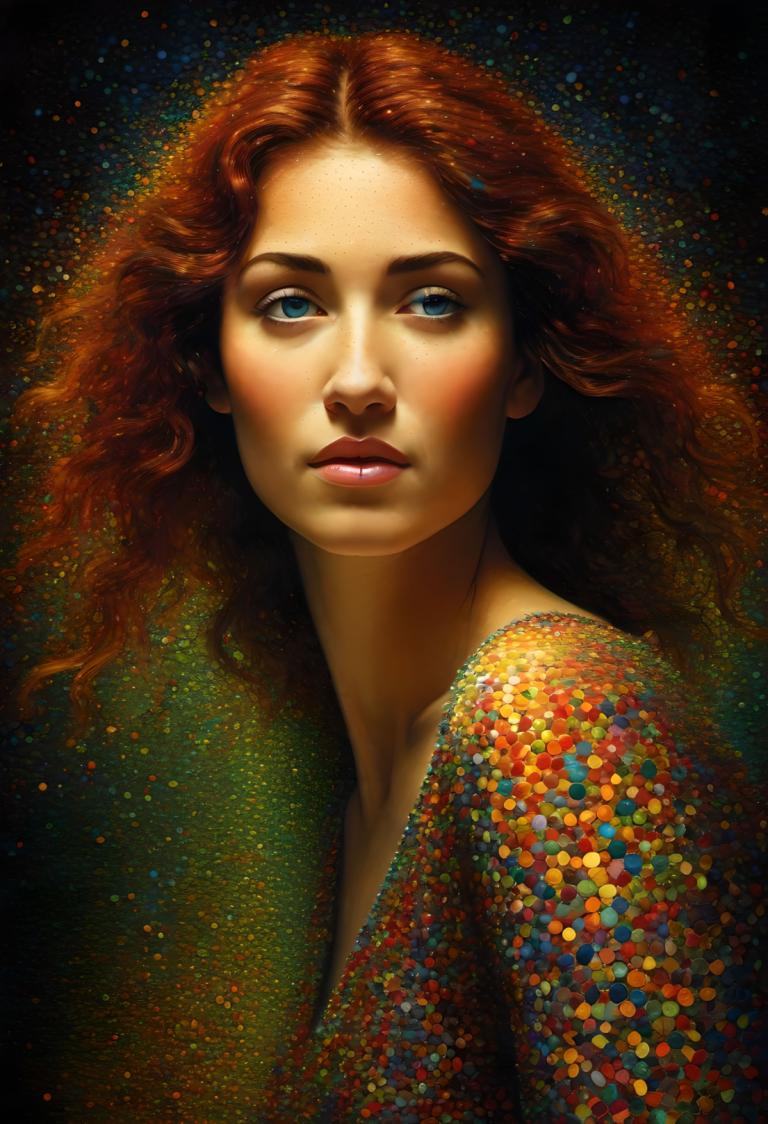 Pointillism,Pointillism, People, woman, 1girl, solo, blue eyes, lips, long hair, realistic, red hair