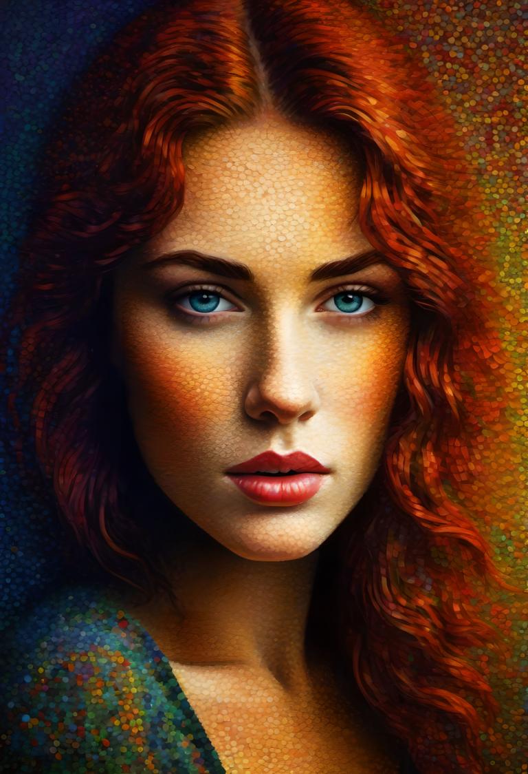 Pointillism,Pointillism, People, woman, 1girl, solo, red hair, blue eyes, portrait, looking at viewer