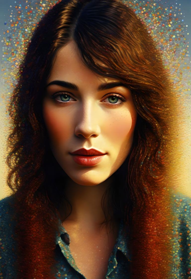 Pointillism,Pointillism, People, woman, 1girl, solo, brown hair, green eyes, realistic, looking at viewer