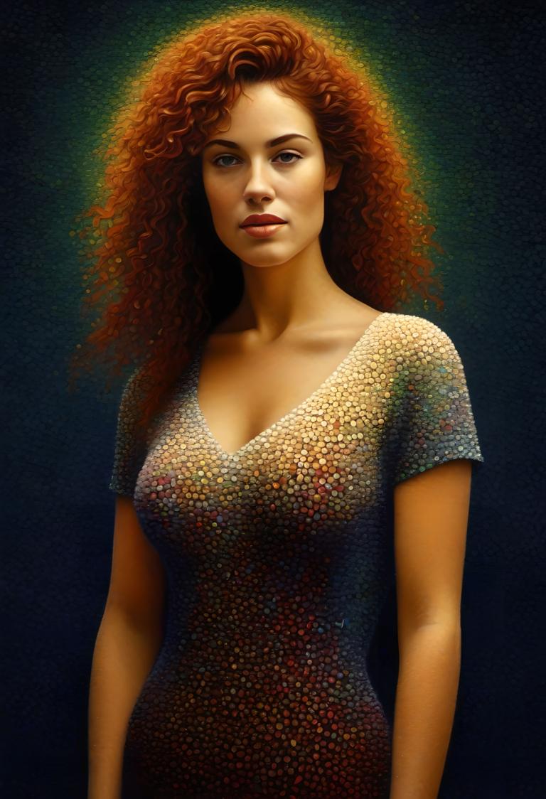 Pointillism,Pointillism, People, woman, 1girl, solo, breasts, dress, cleavage, realistic, curly hair