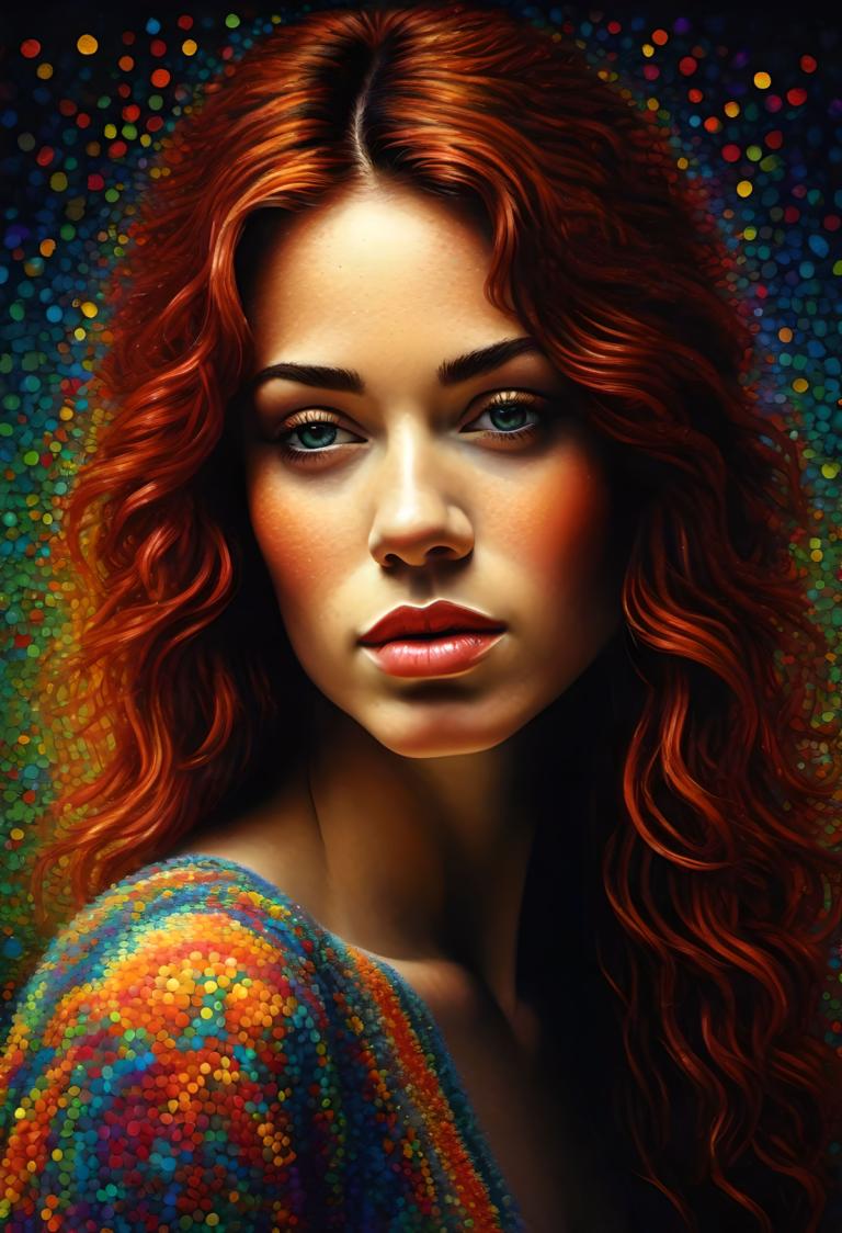 Pointillism,Pointillism, People, woman, 1girl, solo, red hair, freckles, long hair, lips, looking at viewer