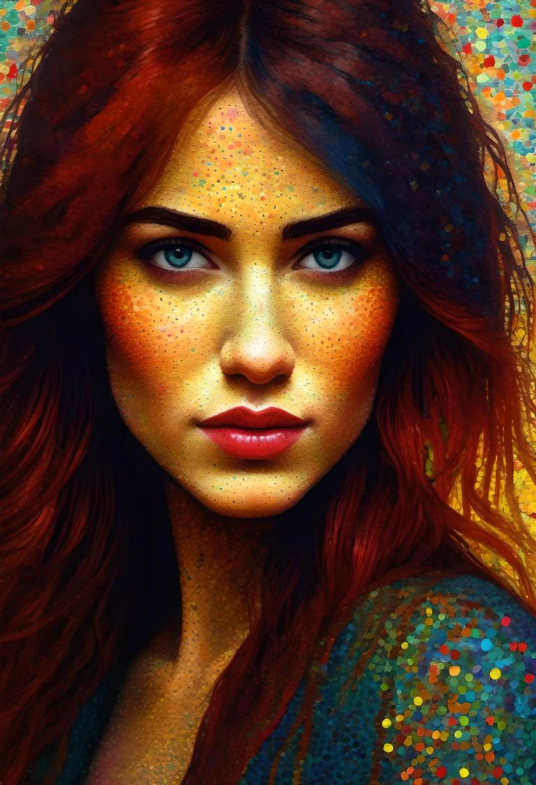 Pointillism,Pointillism, People, woman, 1girl, solo, red hair, long hair, freckles, blue eyes, portrait