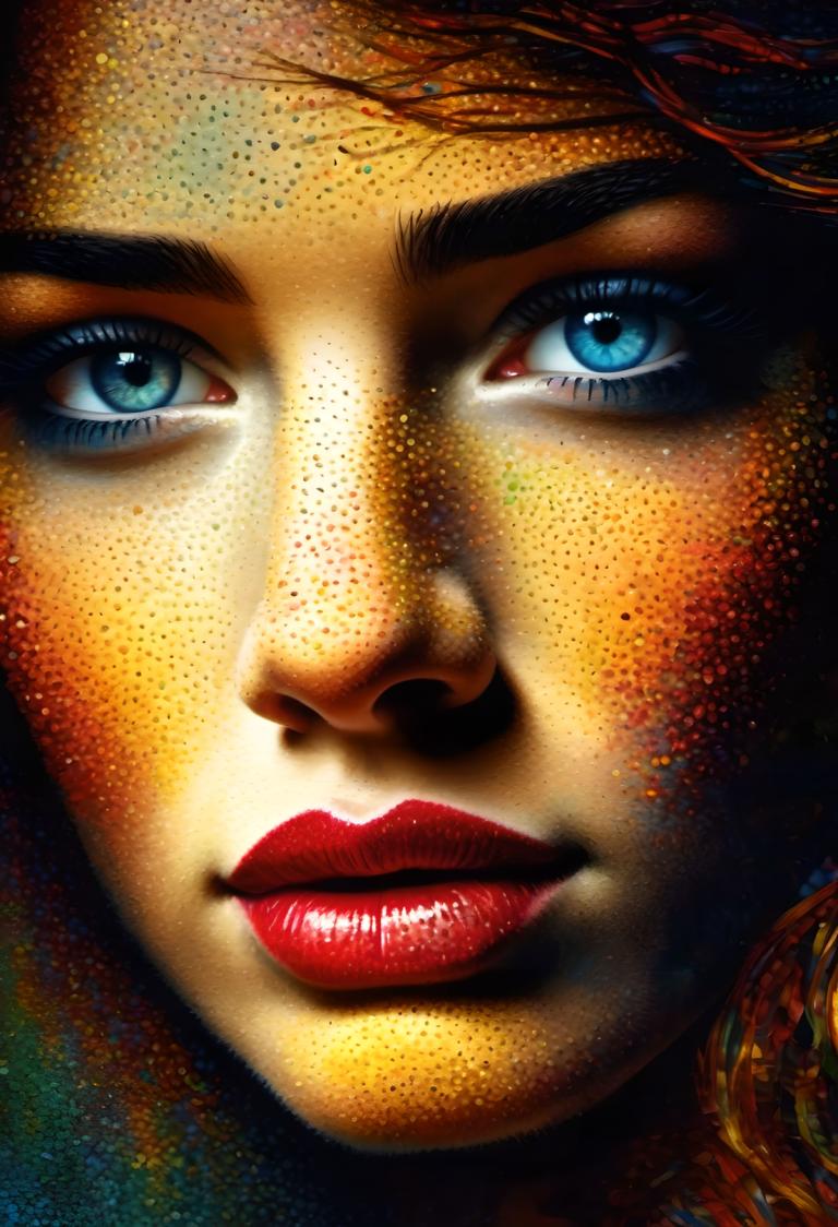 Pointillism,Pointillism, People, woman, solo, 1girl, blue eyes, red lips, freckles, makeup, lips, realistic