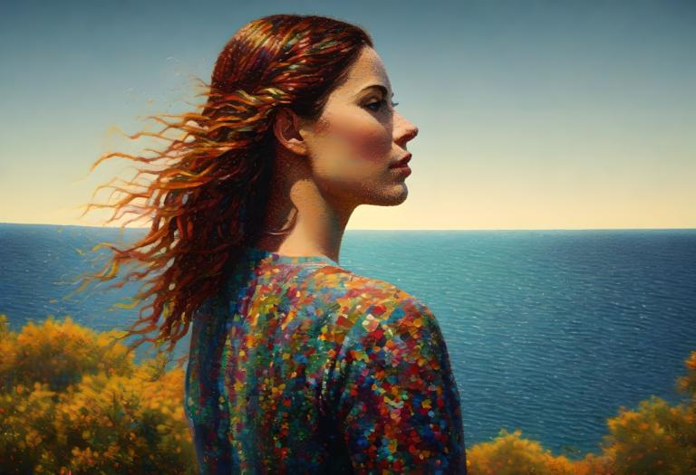 Pointillism,Pointillism, People, woman, solo, 1girl, ocean, outdoors, profile, long hair, horizon, realistic