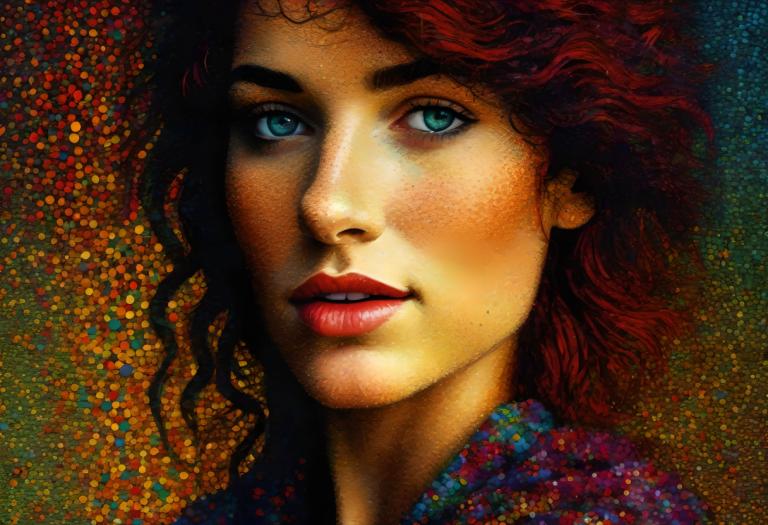 Pointillism,Pointillism, People, woman, solo, red hair, 1girl, portrait, realistic, blue eyes, parted lips