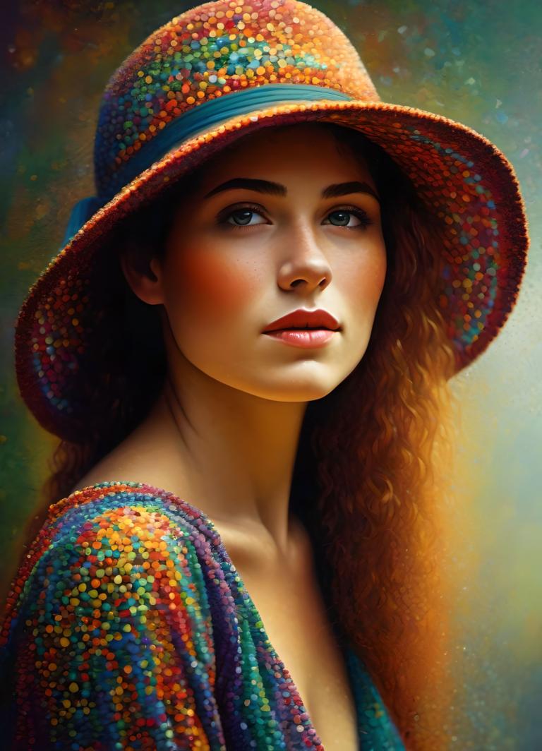 Pointillism,Pointillism, People, woman, 1girl, freckles, solo, hat, realistic, long hair, lips, brown hair