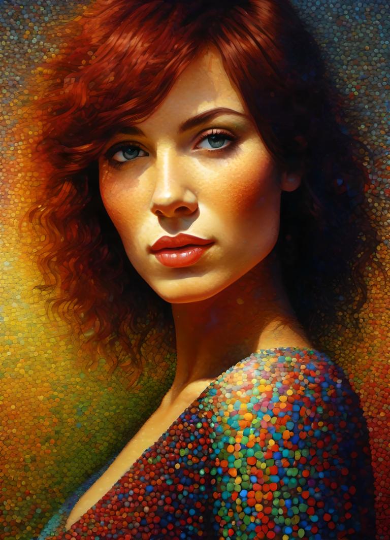 Pointillism,Pointillism, People, woman, 1girl, solo, red hair, blue eyes, looking at viewer, lips, realistic