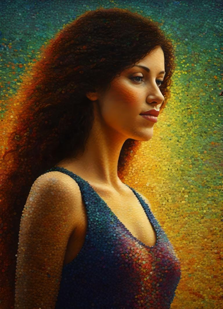 Pointillism,Pointillism, People, woman, 1girl, solo, realistic, long hair, brown hair, lips, breasts