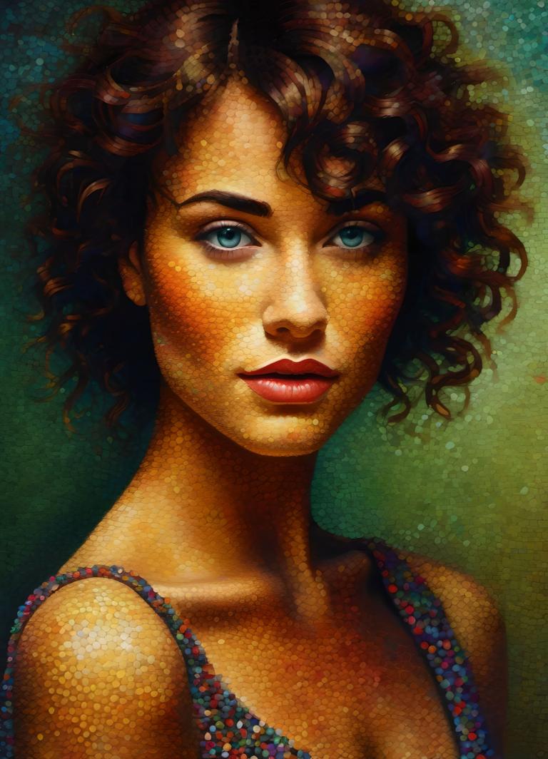 Pointillism,Pointillism, People, woman, 1girl, solo, brown hair, blue eyes, dark skin, curly hair, cleavage