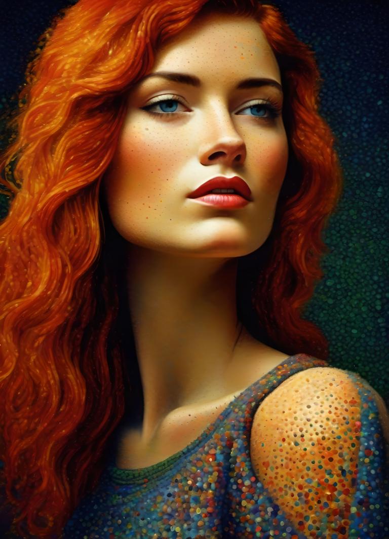 Pointillism,Pointillism, People, woman, 1girl, solo, freckles, blue eyes, long hair, red hair, orange hair