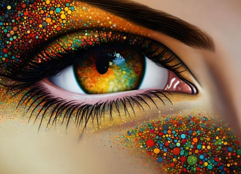 Pointillisme,Pointillisme, Mensen, vrouw, oog focus, detailopname, 1meisje, wimpers, veelkleurige ogen