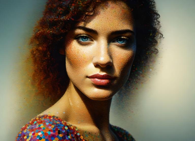 Pointillism,Pointillism, People, woman, 1girl, solo, blue eyes, realistic, curly hair, lips